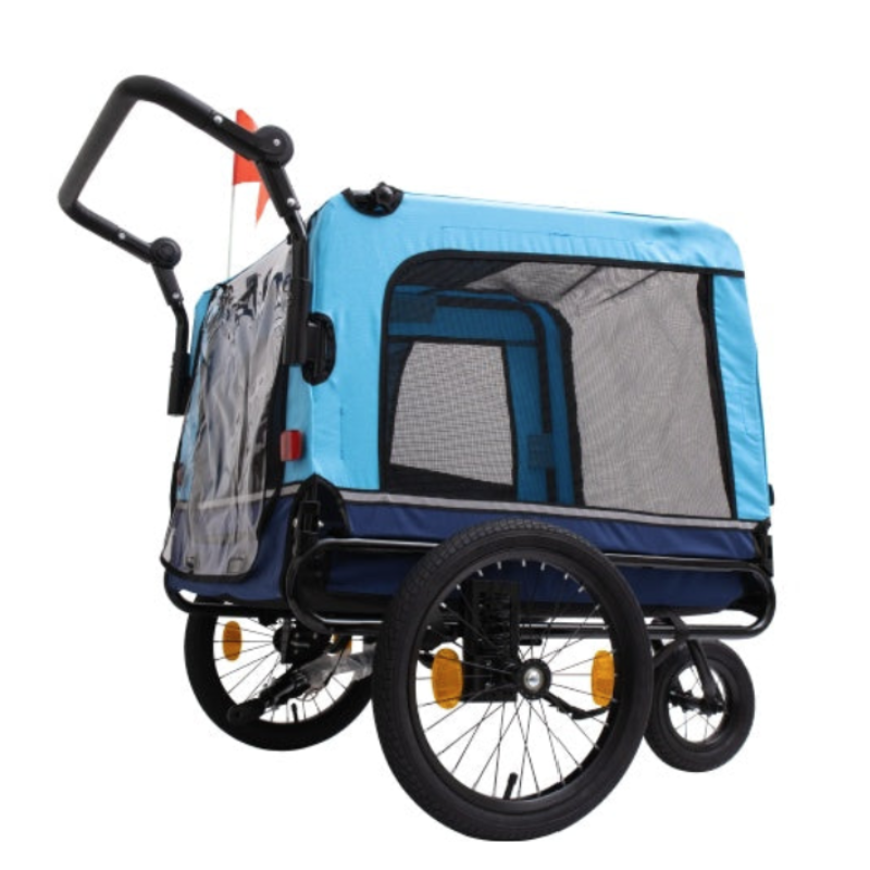 Blue and black pet stroller on a white background