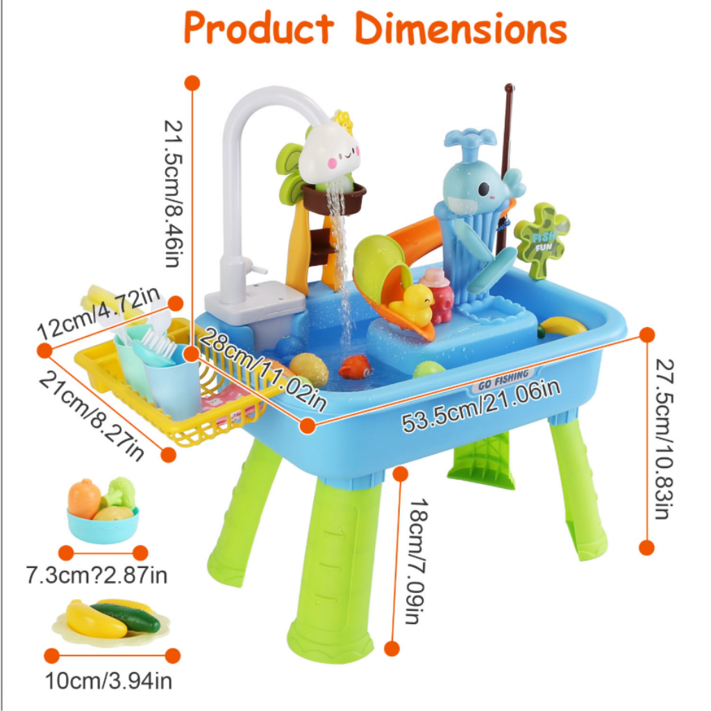 Colorful toy water table with product dimensions labeled