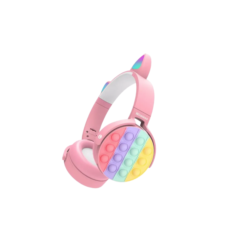 Pink children's headphones with a colorful pop-it feature on a white background