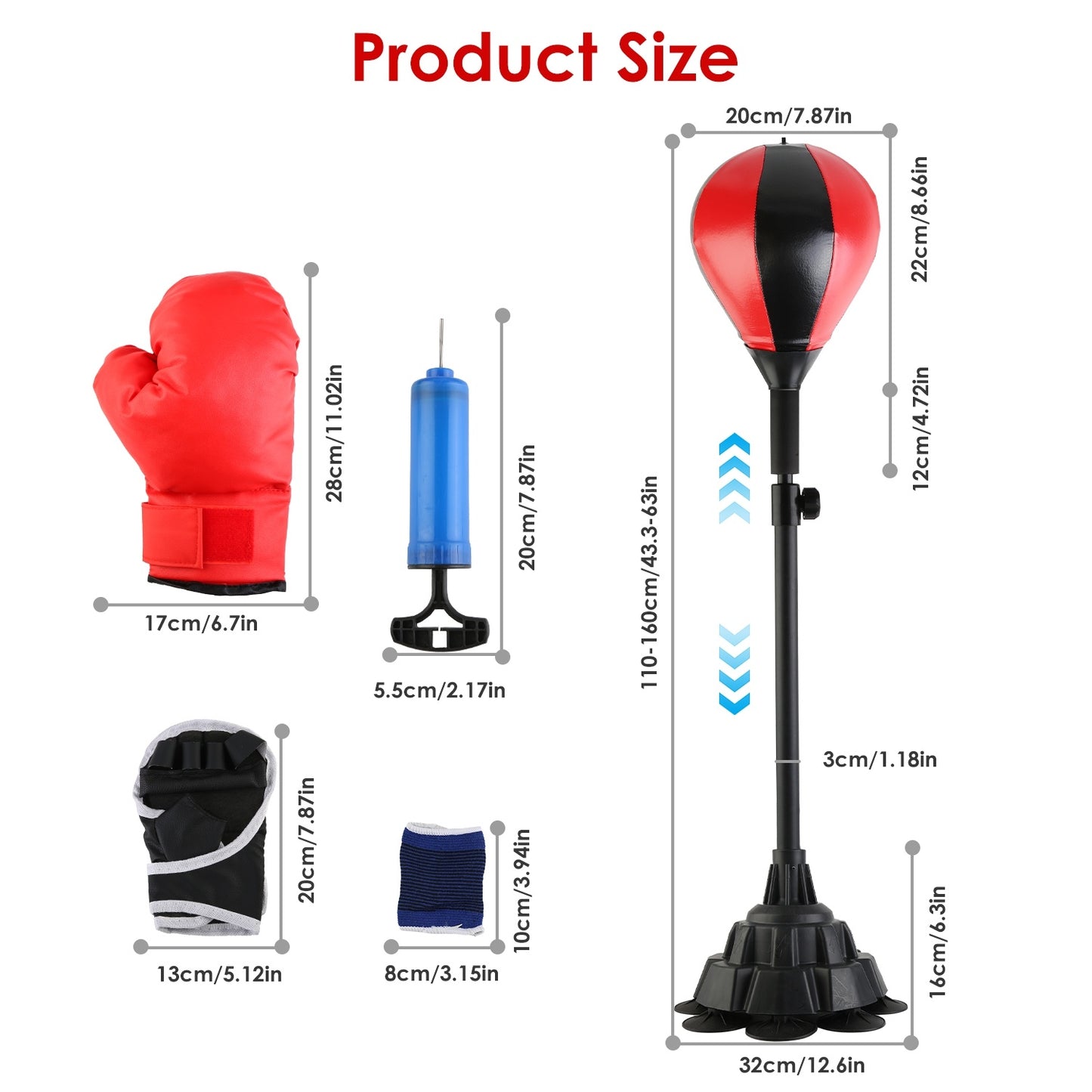 Measurement chart of boxing equipment including gloves, a pump, and a punching bag.