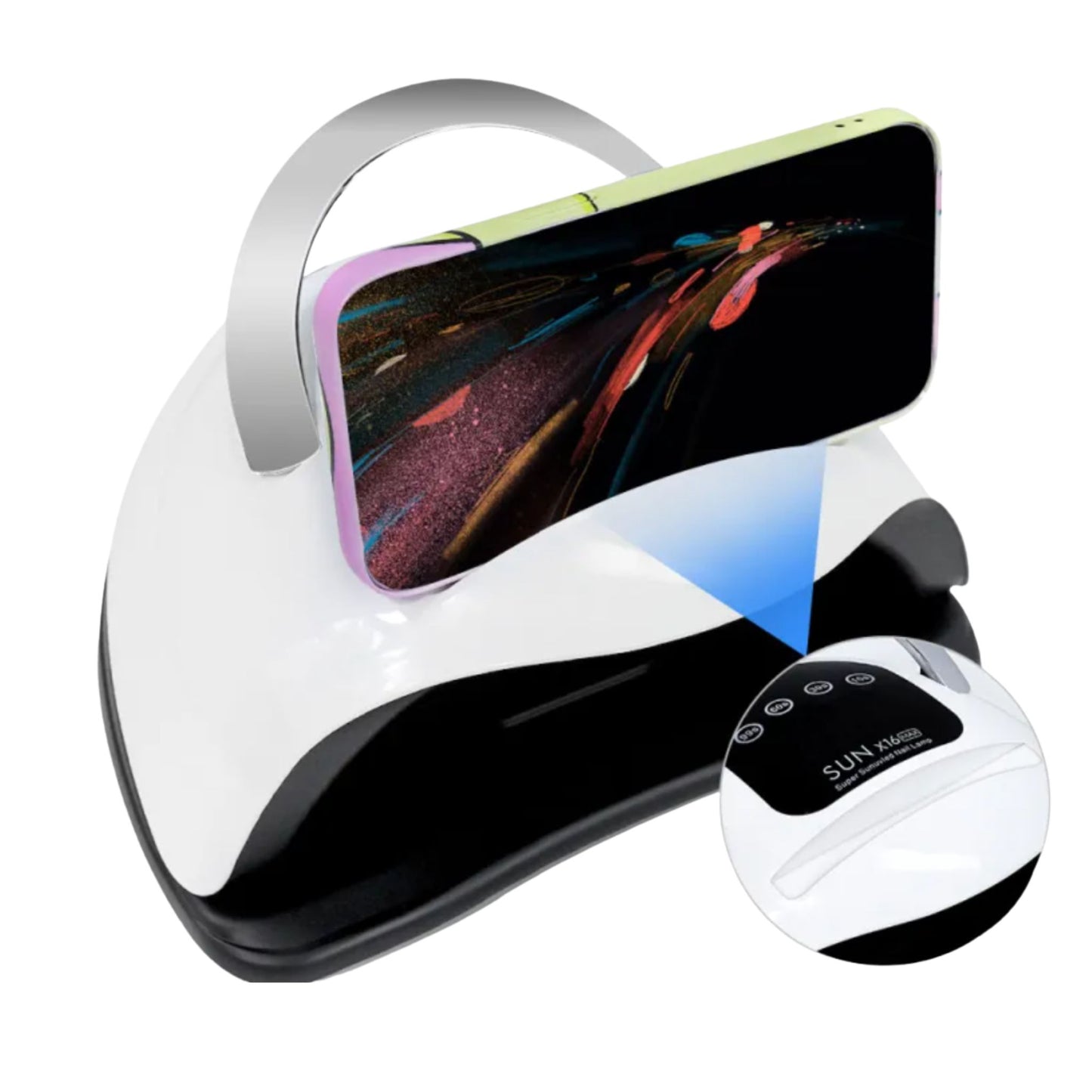 White and black electronic device with a smartphone on top, on a white background