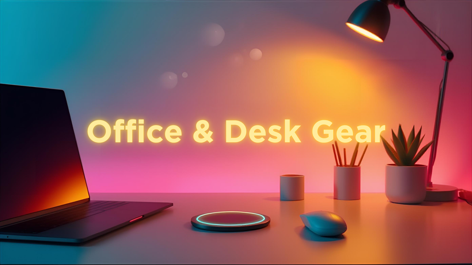 Modern minimalist workspace with glowing desk lamp, laptop, and plants – Office & Desk Gear Collection by The Daily Distraction