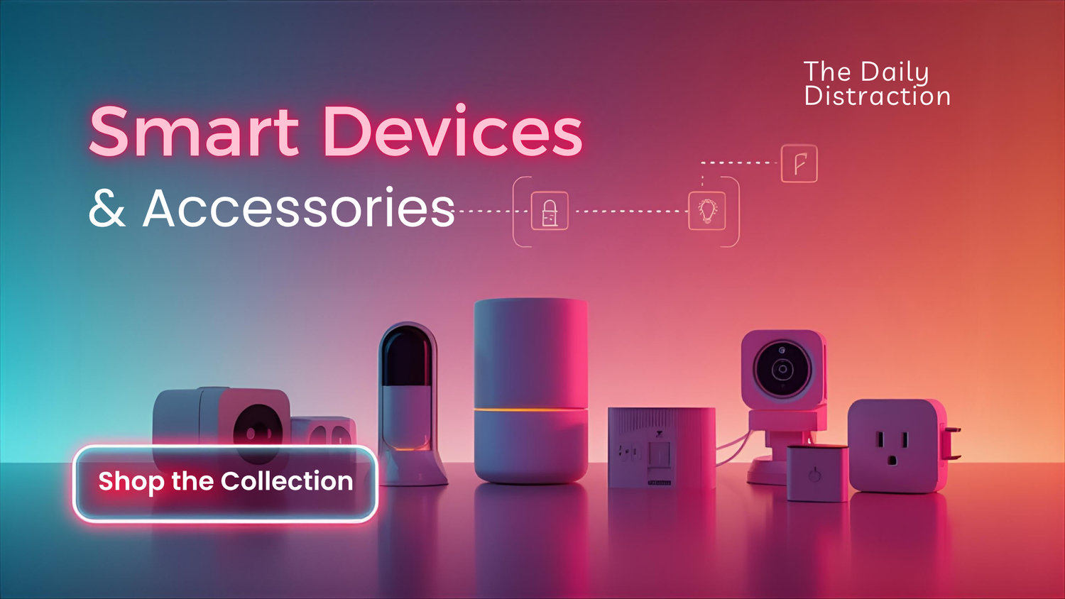 Smart Home & Security collection banner showing smart cameras, plugs, and lighting devices with glowing gradient background.