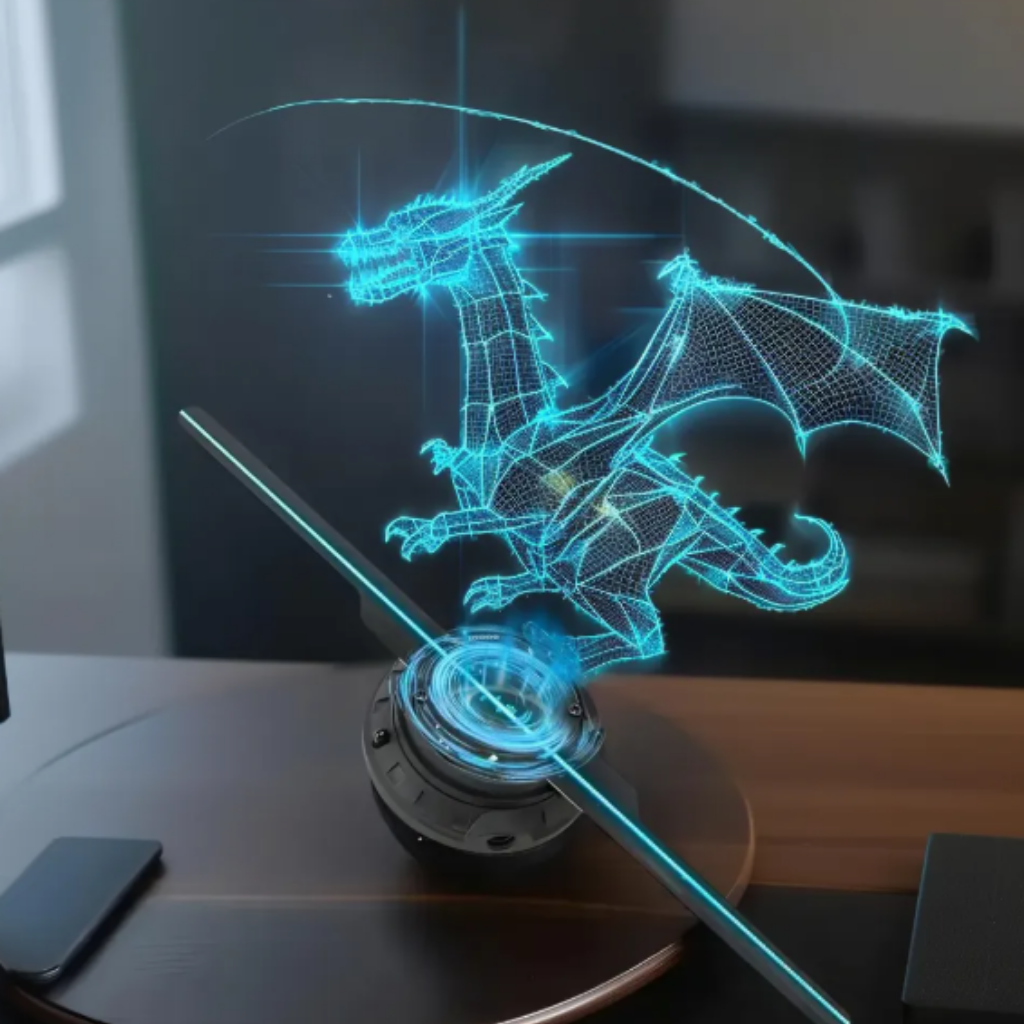 Dragon-shaped light fixture with blue glowing lines on a dark surface