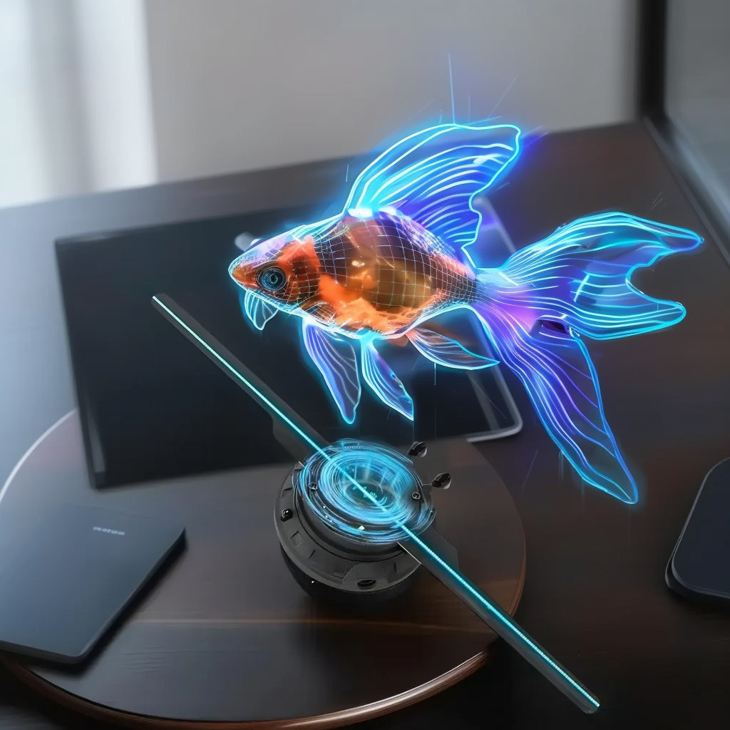 Neon glowing fish on a table with electronic devices in the background