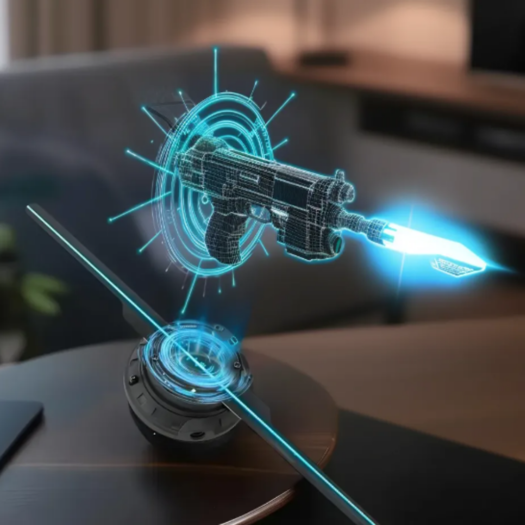 Holographic gun with blue light effects on a dark surface