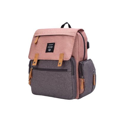 Two-tone backpack with pink top section and gray bottom section on a white background