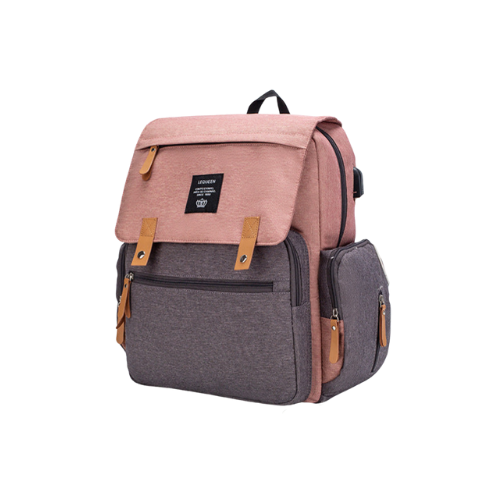 Two-tone backpack with pink top section and gray bottom section on a white background