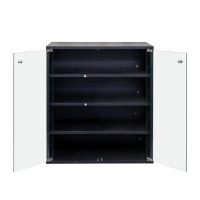 Black storage cabinet with open doors on a white background