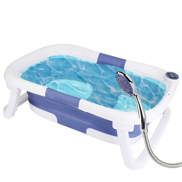 Foldable bathtub with blue interior and shower head on a white background