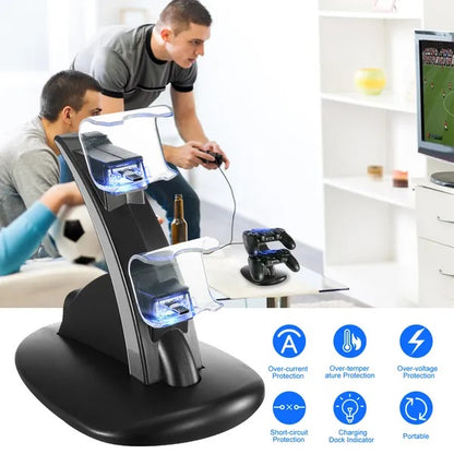 Gaming console charging stand with two people playing video games in a living room setting.