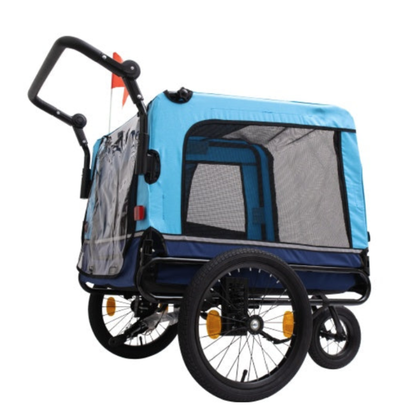 Blue and black pet stroller on a white background