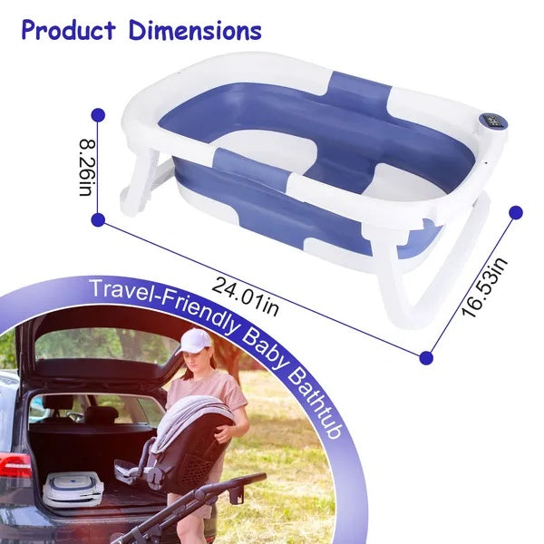 Travel-friendly baby bathtub with dimensions and a child using it in a car.