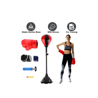 Punching bag set with gloves, base, and accessories on a white background