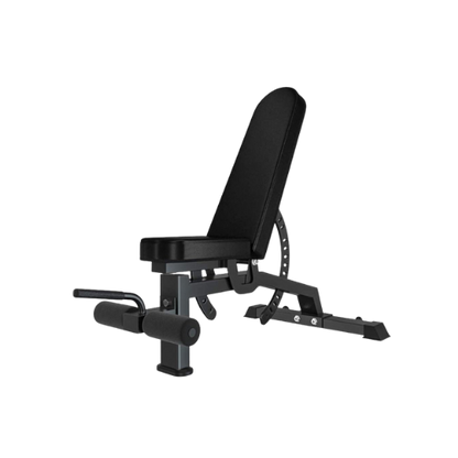 Black adjustable weight bench on a white background