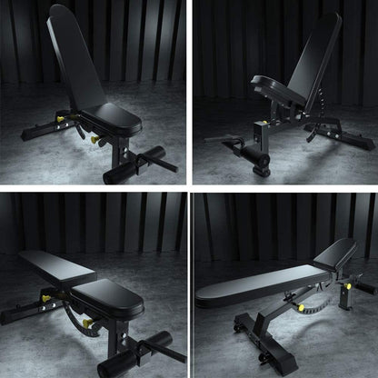 Collage of a adjustable weight bench in various positions on a dark background