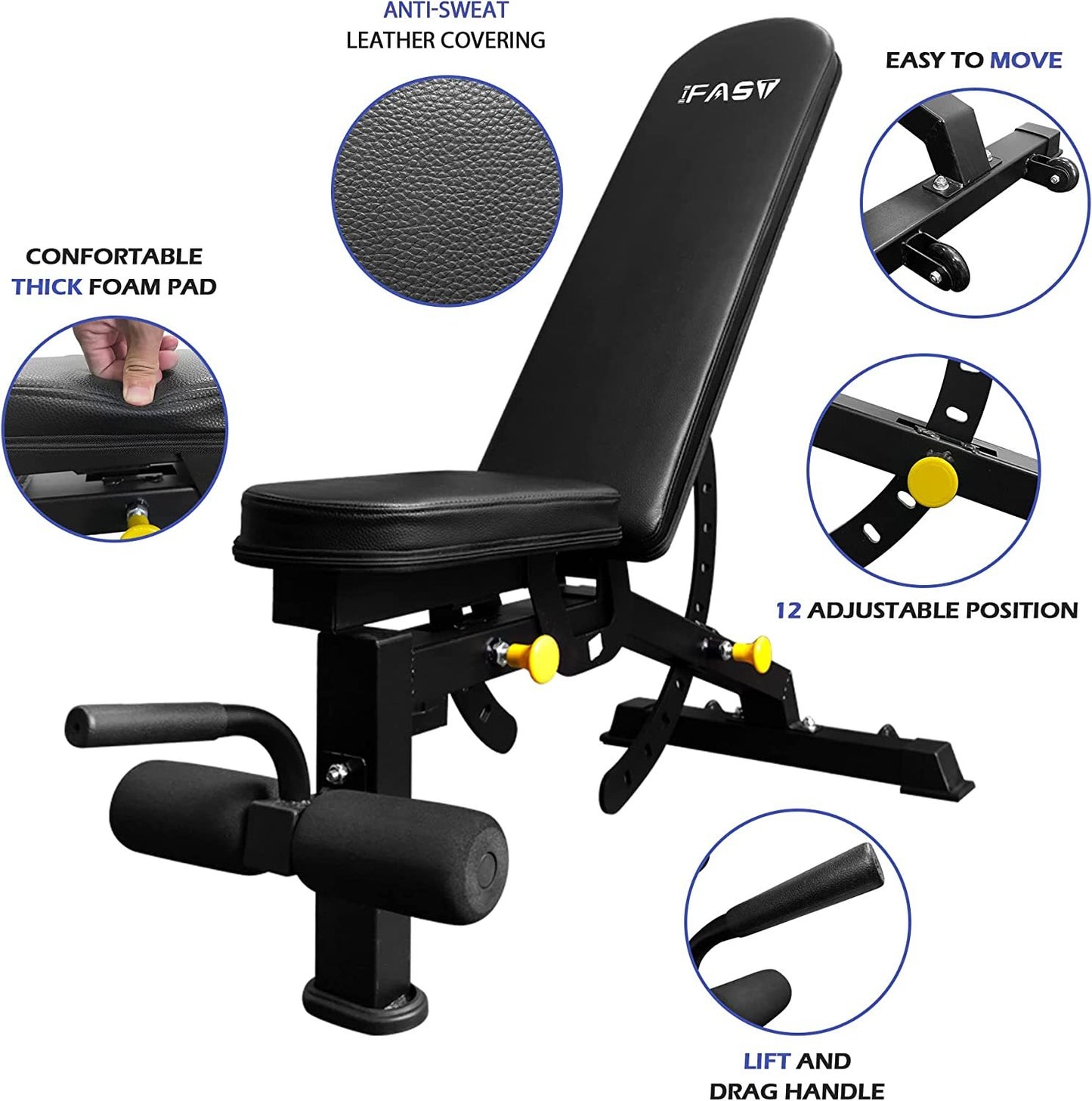 Black adjustable weight bench with features highlighted on a white background
