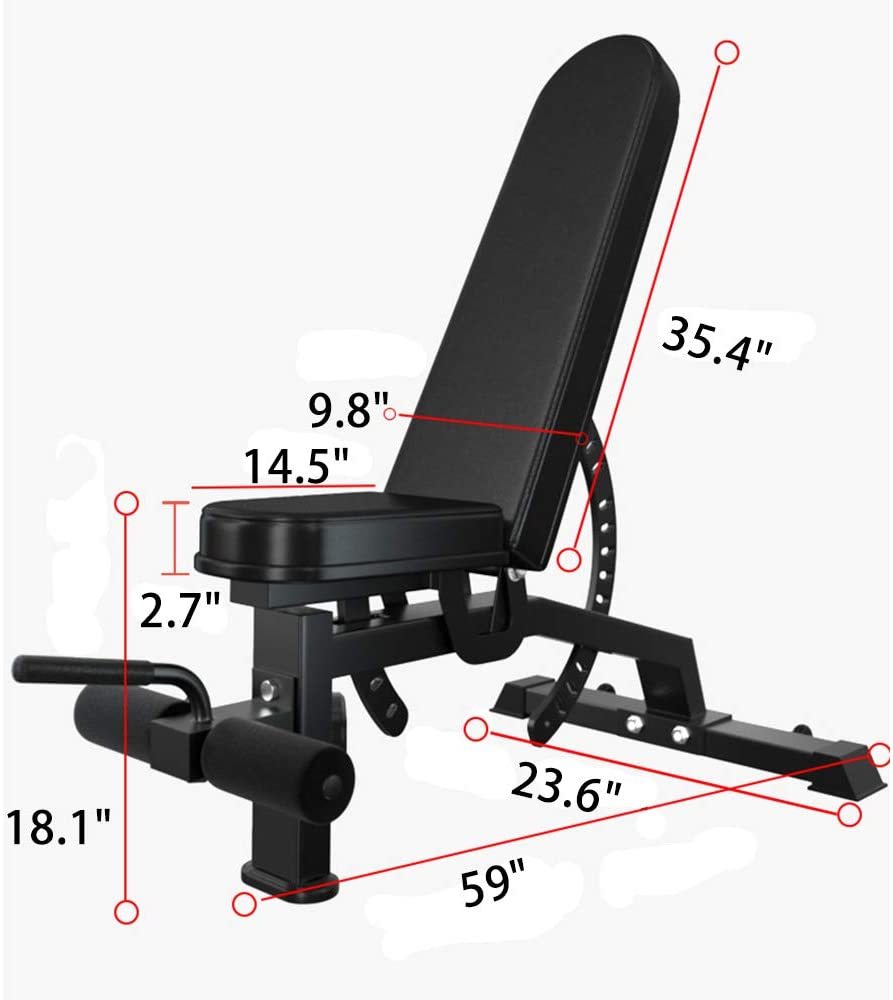 Black weight bench with measurements indicated on a white background