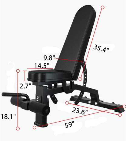 Black weight bench with measurements indicated on a white background