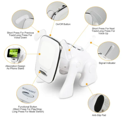 White wireless earbuds with labeled features on a white background