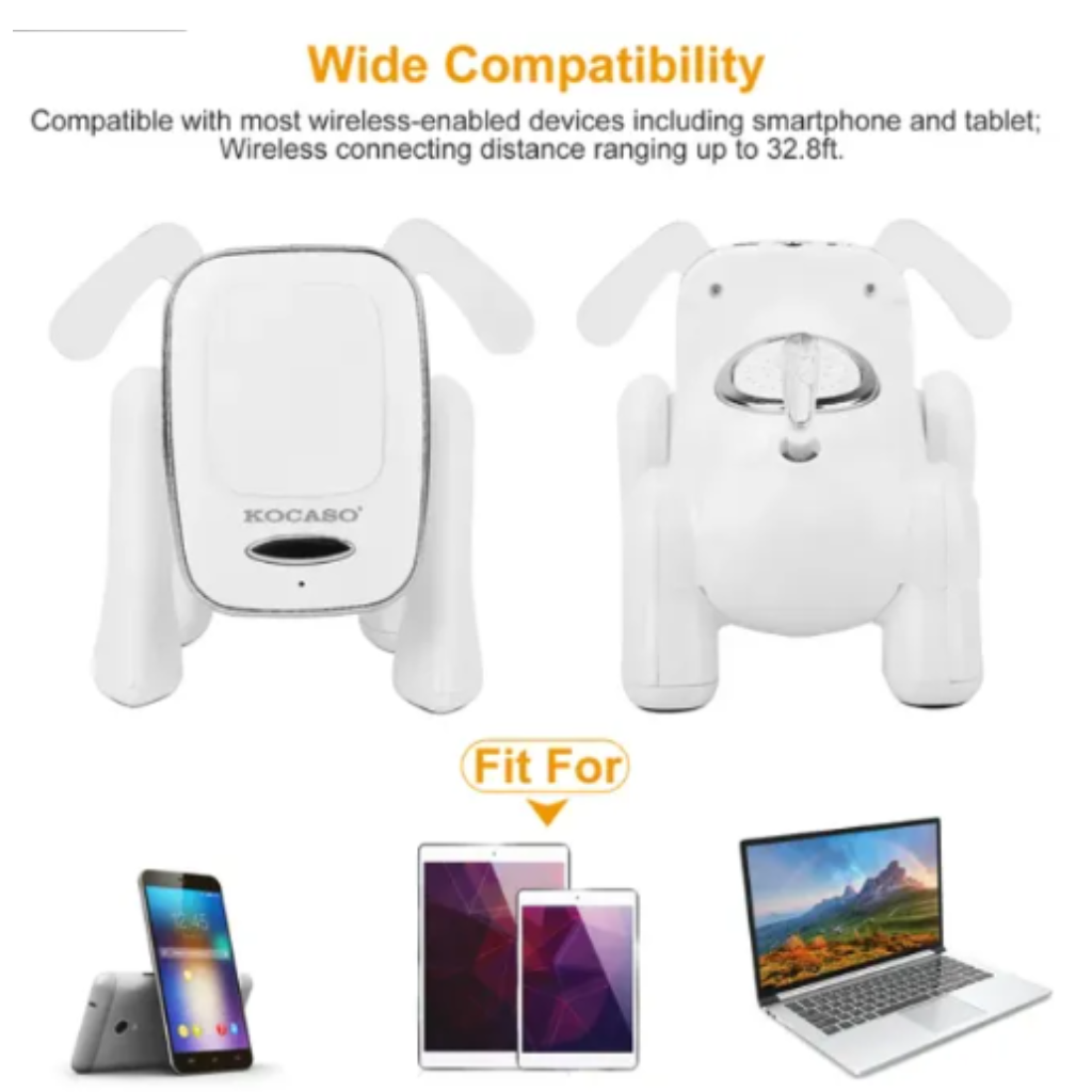 White dog-shaped wireless charging pad with text about compatibility on a white background