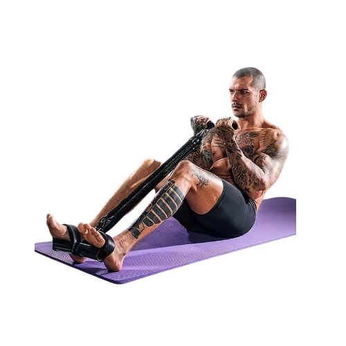 Man using an exercise band on a purple mat with a white background