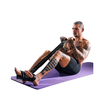 Man using an exercise band on a purple mat with a white background