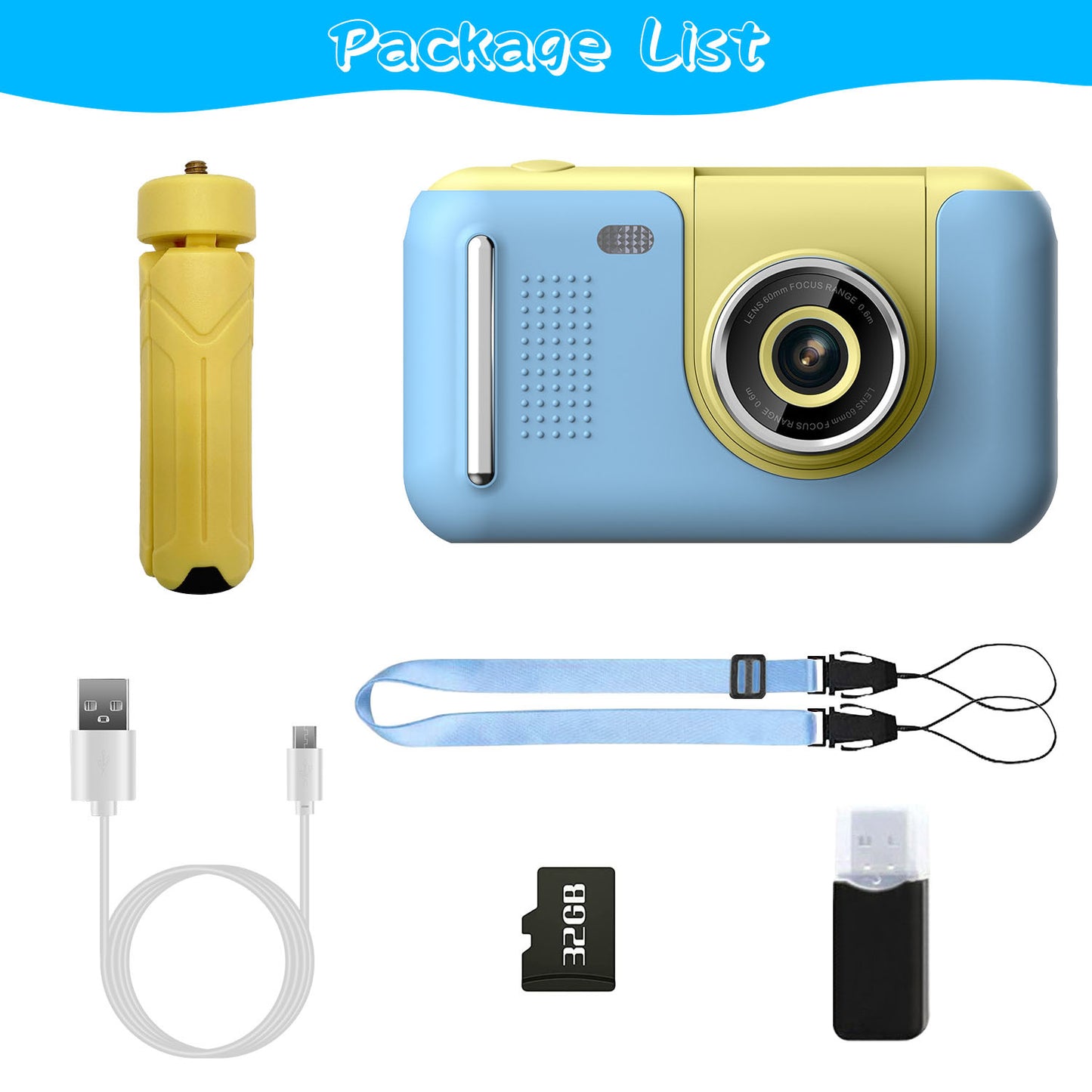 Collection of items including a blue and yellow camera, lanyard, USB cable, microSD card, and adapter on a white background.