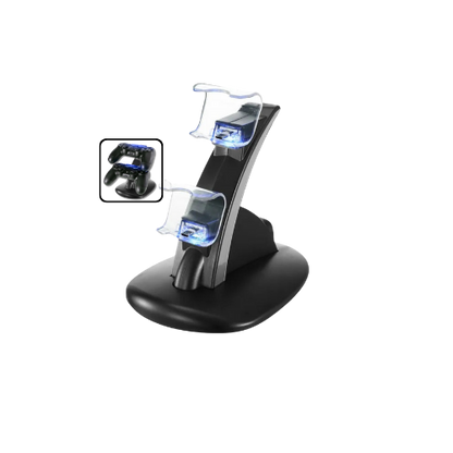 Gaming controller charging stand with inset showing controllers on a white background