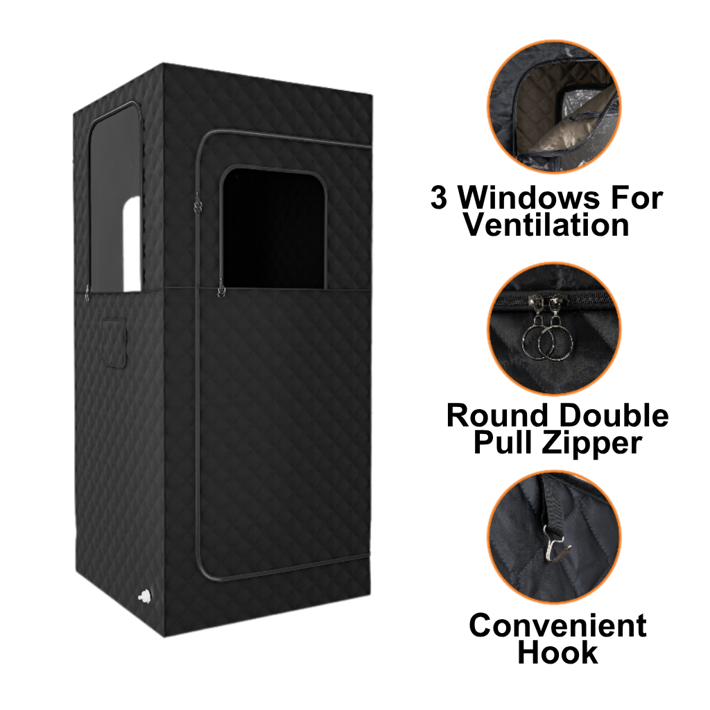 Black portable tent with ventilation windows, round double pull zipper, and convenient hook on a white background.