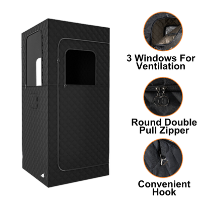 Black portable tent with ventilation windows, round double pull zipper, and convenient hook on a white background.