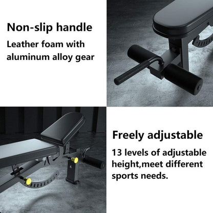Gym bench with non-slip handle, leather foam, and adjustable height features on a dark background.