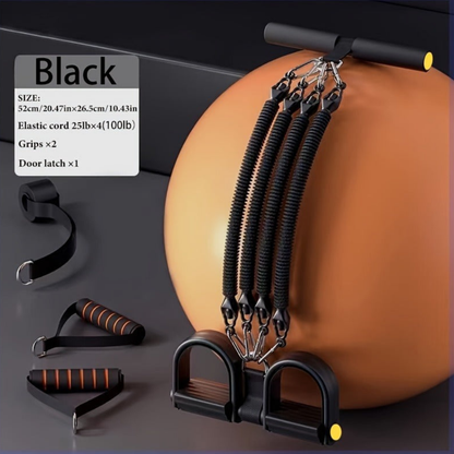 Black resistance band set with exercise ball on a dark background