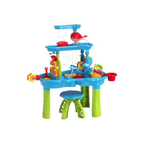 Colorful toy water table with various accessories on a white background