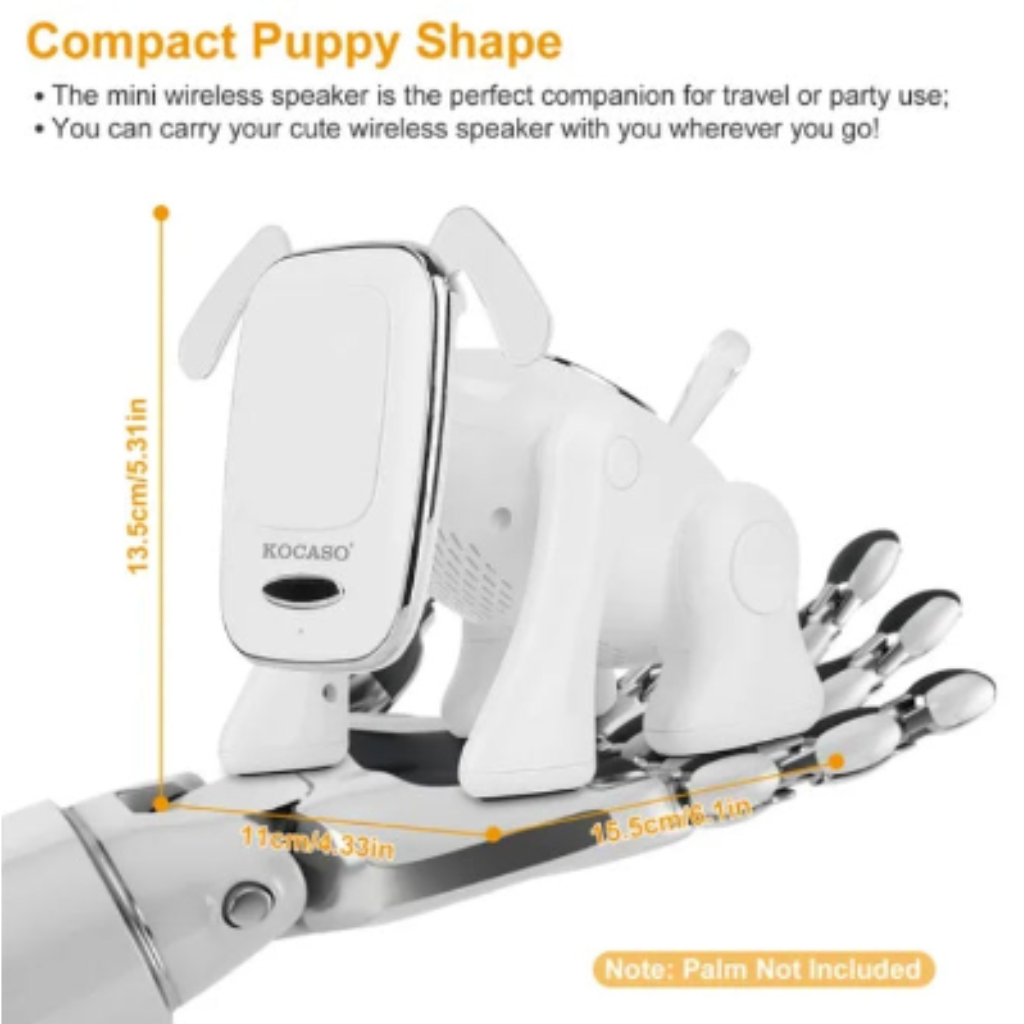 White wireless speaker shaped like a puppy with measurement details on a white background