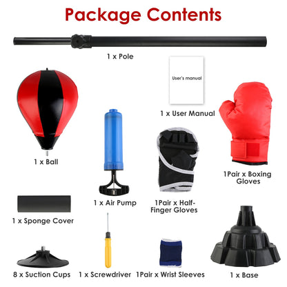 List of package contents for a boxing training setup including a ball, pole, gloves, and accessories.