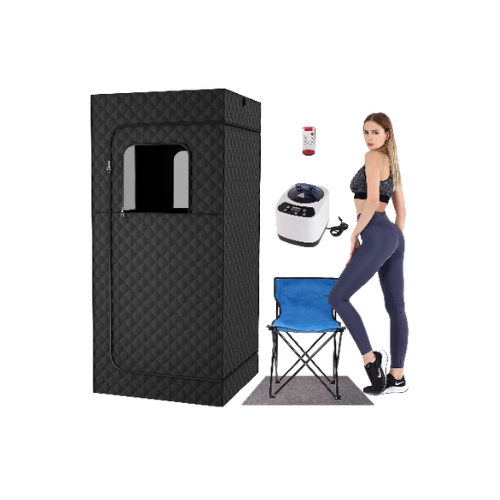 Black portable shower cabin with blue chair, remote control, and woman in workout attire on a white background