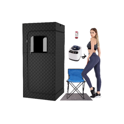 Black portable shower cabin with blue chair, remote control, and woman in workout attire on a white background