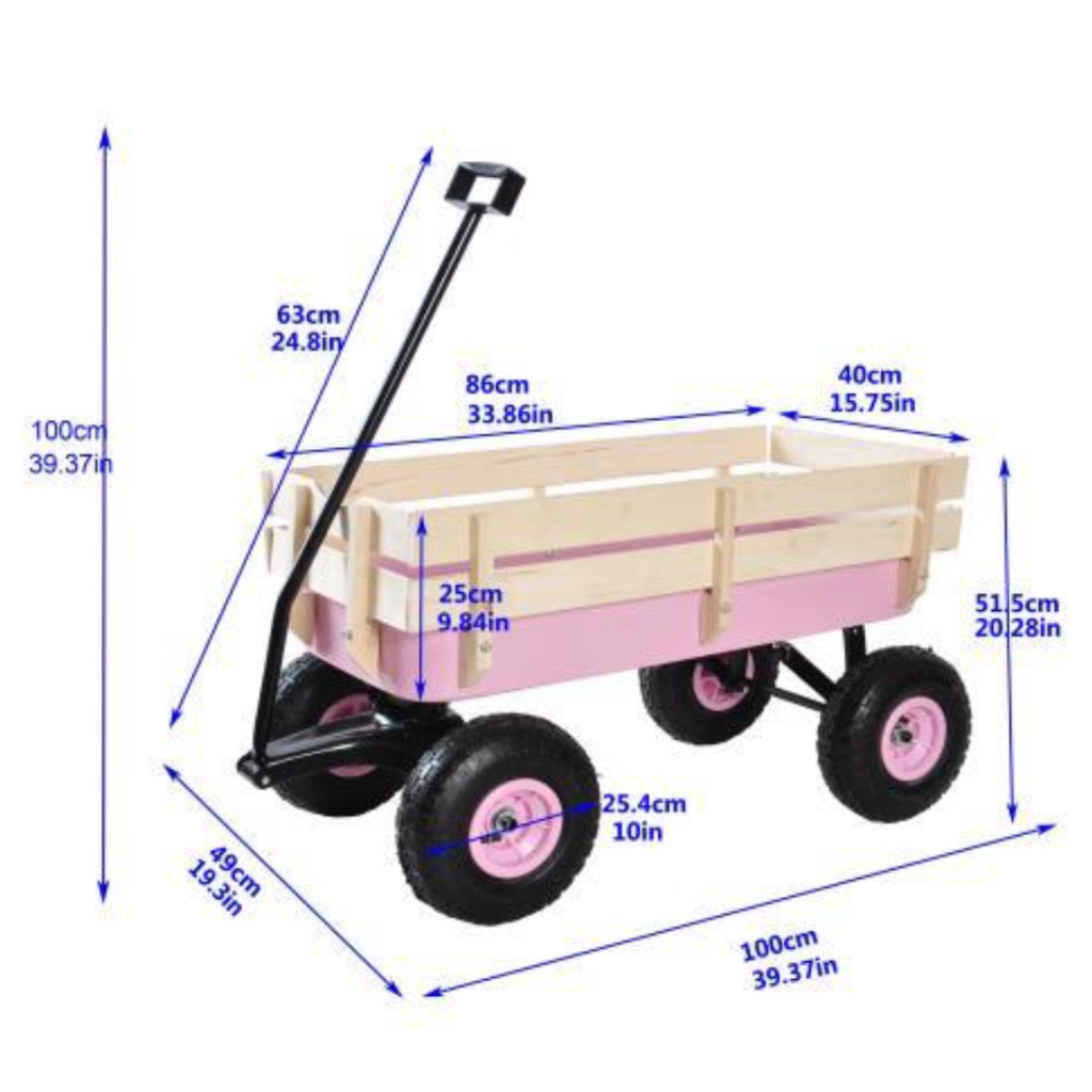 Measurement chart of a wooden cart with pink accents on a white background