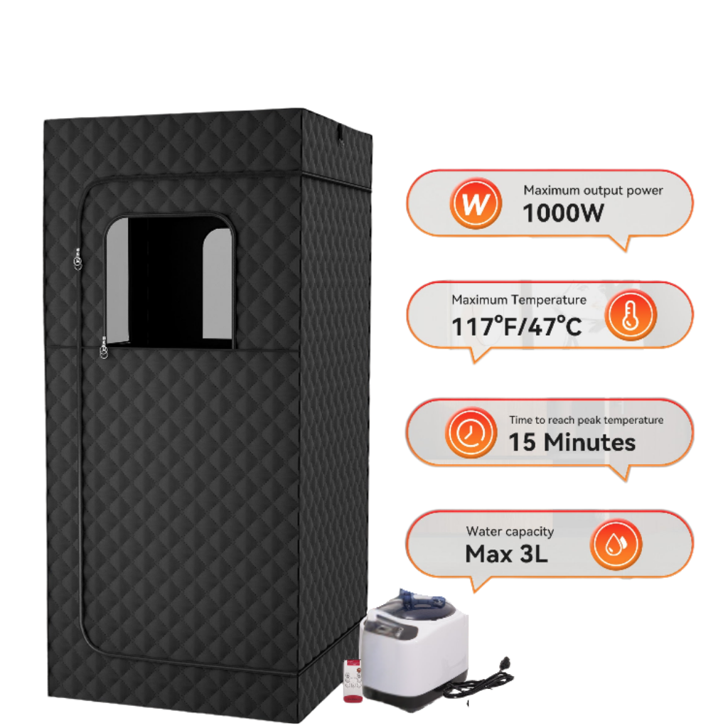 Black sauna tent with power and temperature specifications on a white background