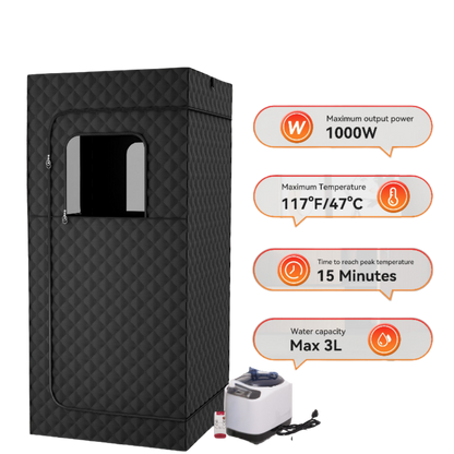 Black sauna tent with power and temperature specifications on a white background