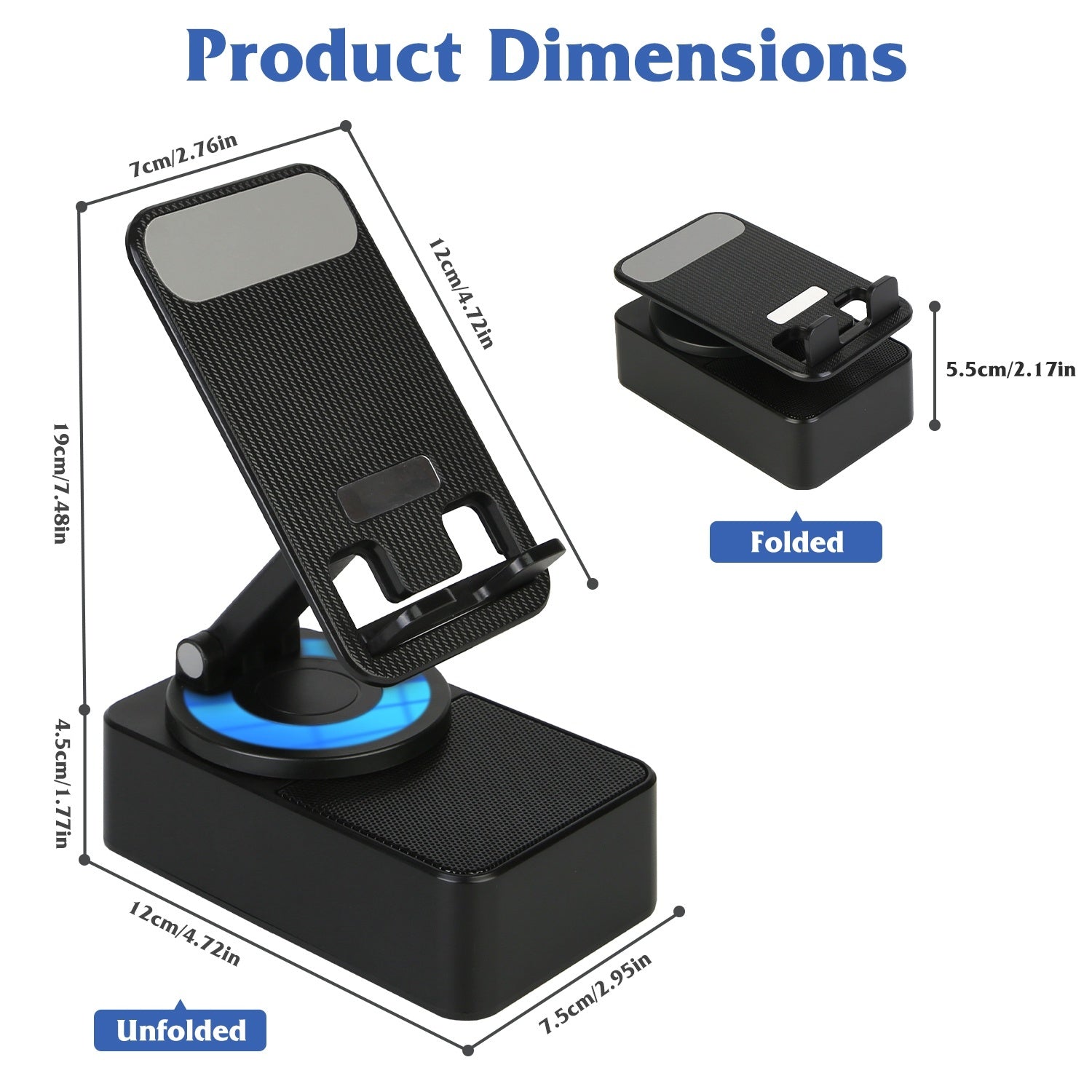 Dimensions of a phone holder with unfolded and folded states on a white background