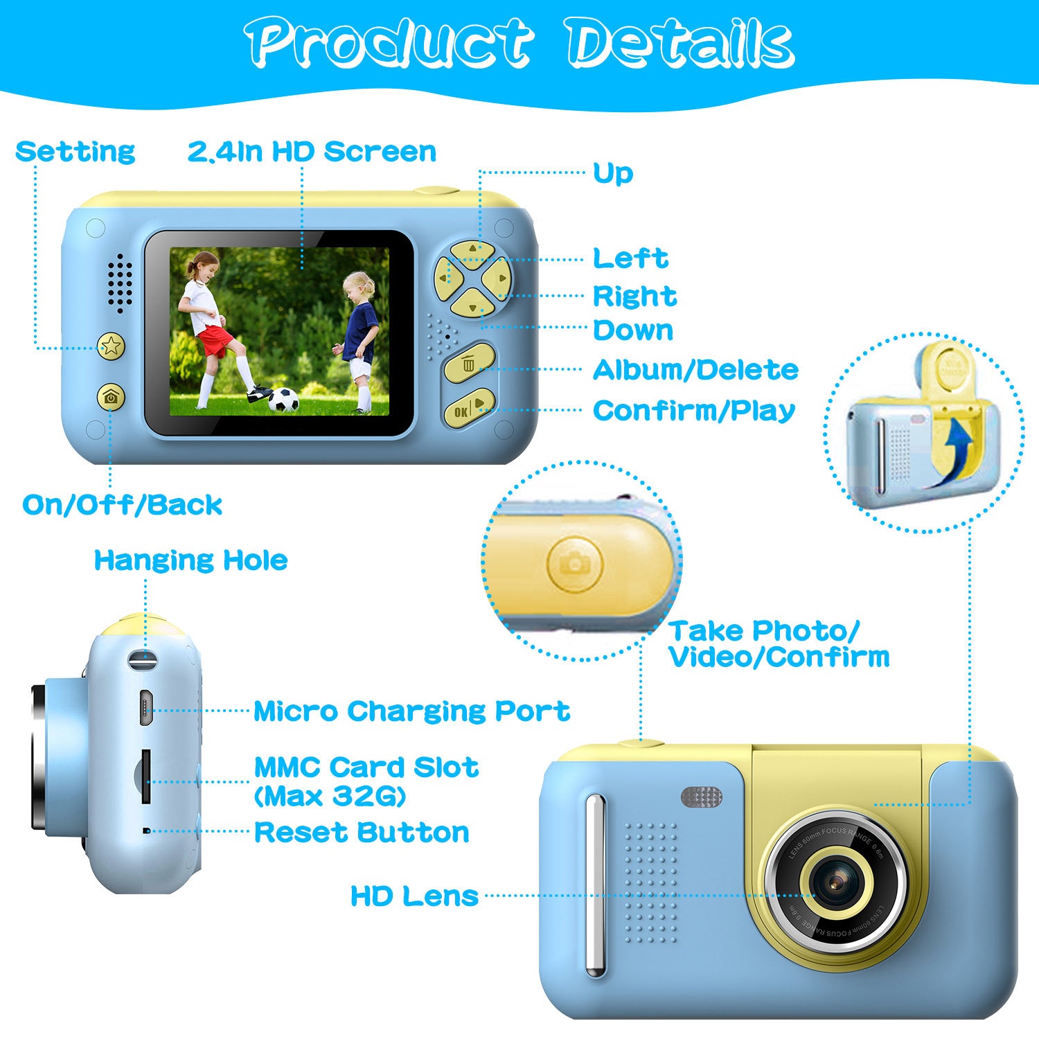 Children's digital camera with features highlighted on a white background