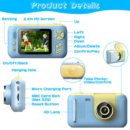 Children's digital camera with features highlighted on a white background