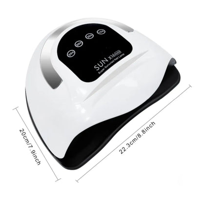 White nail dryer with black display and dimensions on a white background