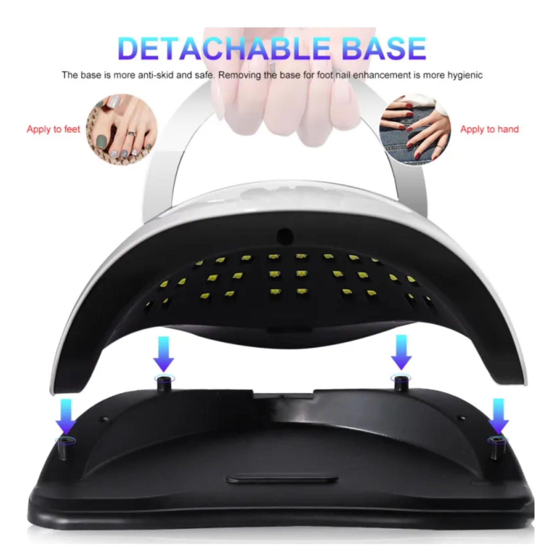 Black and white nail care device with detachable base on a white background