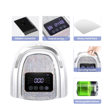 Product features including adapter connector, control screen, glossy metal base, carrying handle, and rechargeable battery on a white background.