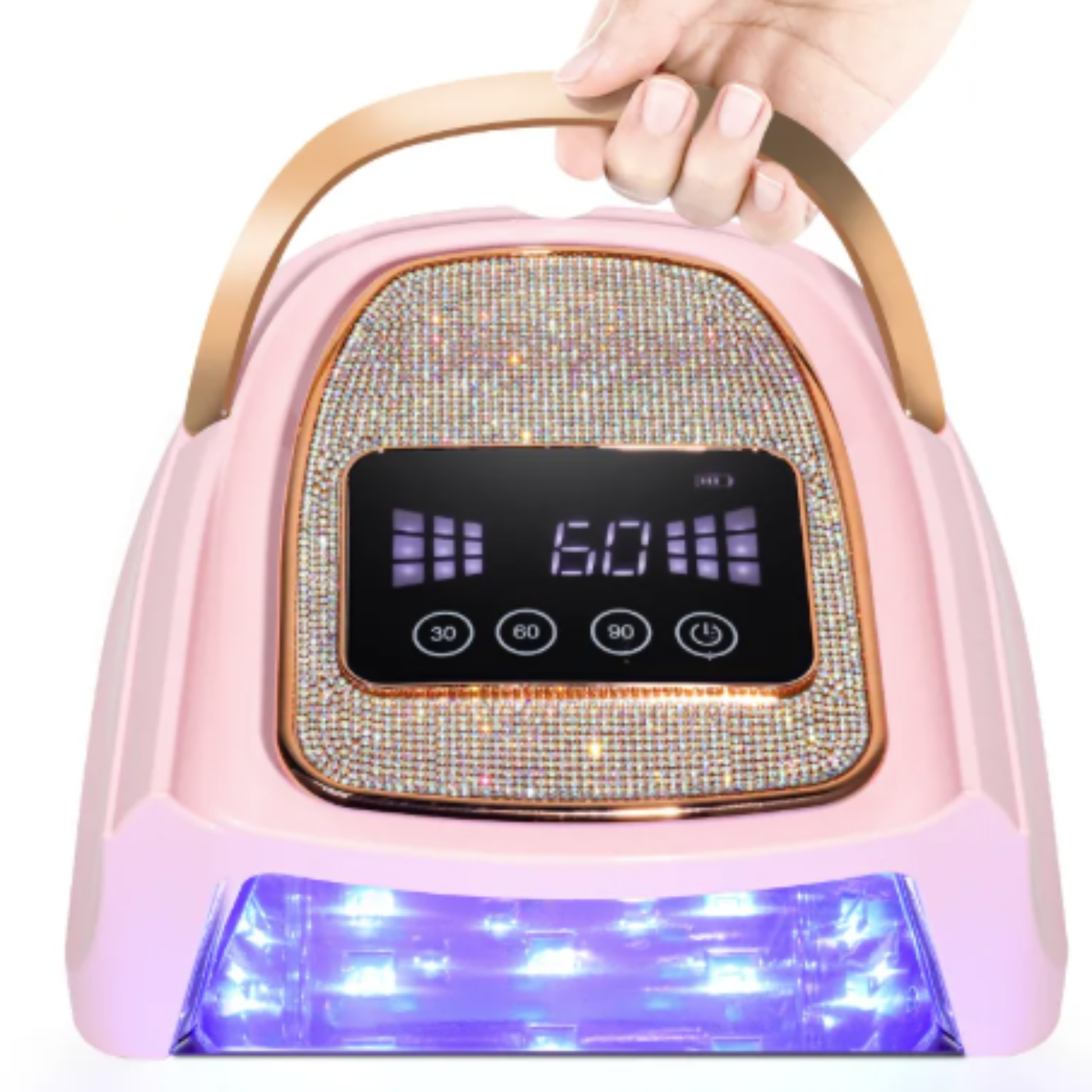 Pink electronic device with digital display and handle, held by a hand.