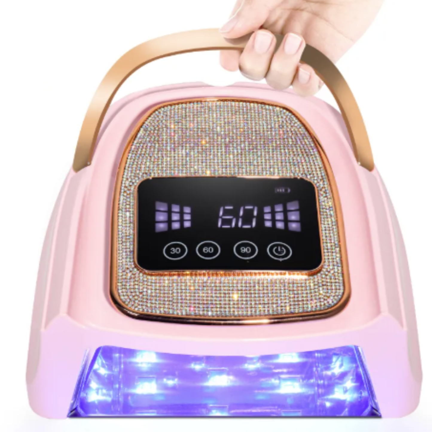 Pink electronic device with digital display and handle, held by a hand.