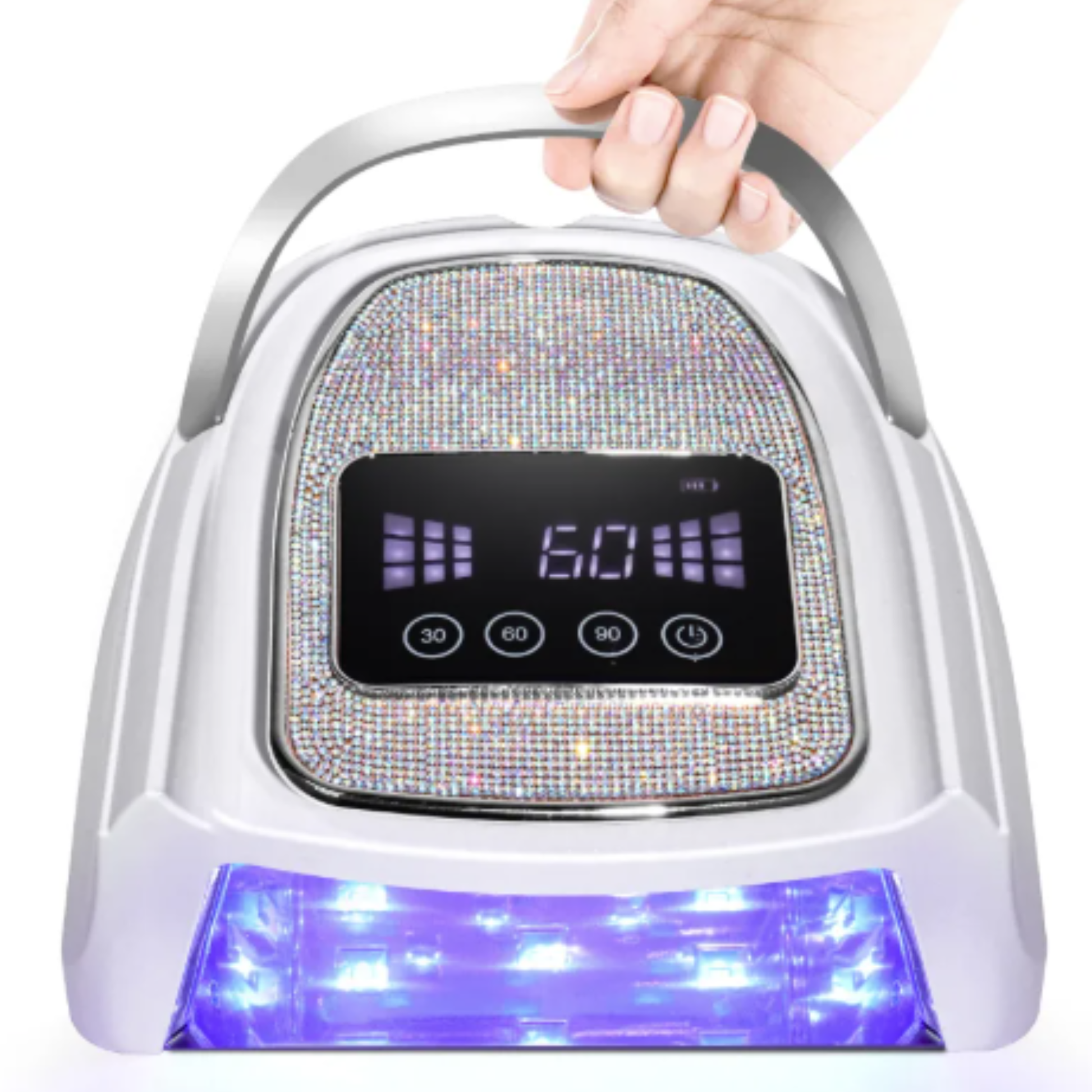 Portable electronic device with digital display and bling accents, held by a hand.